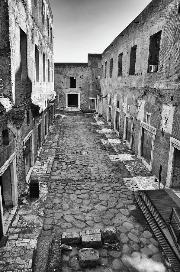 Trajans Market Ancient Back Alley Road Rome Italy Black and White Photograph by Shawn OBrien