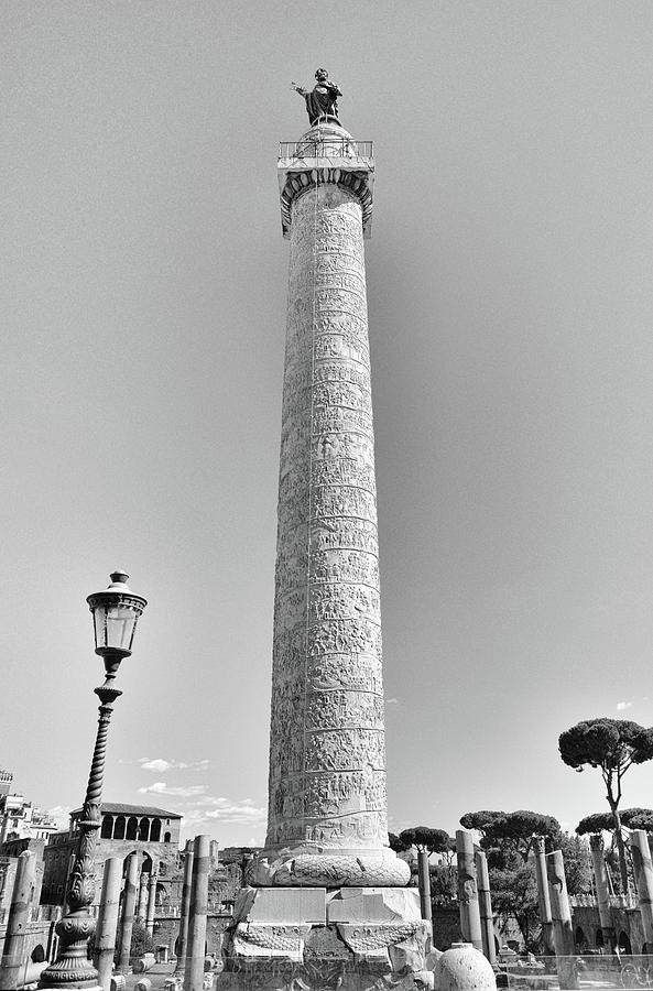 Trajans Victory Column Rises into a Clear Sky Rome Italy Black and White Photograph by Shawn OBrien