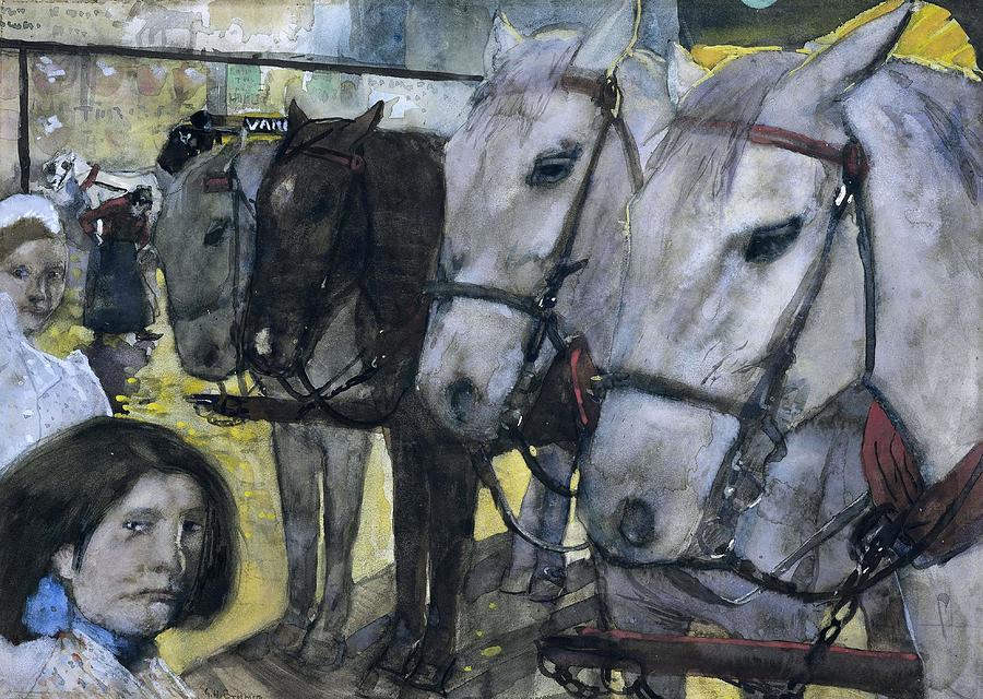 Tram horses on the Dam in Amsterdam. Painting by George Hendrik Breitner -1857-1923-