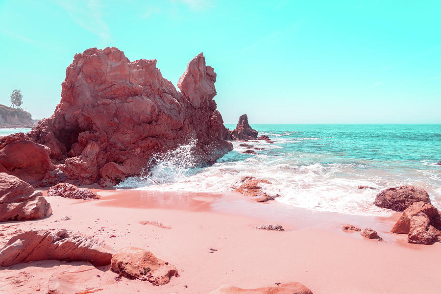 Transcending Reality - Beachscape Wave Splash in Coral Pink and Turquoise Photograph by Georgia Mizuleva
