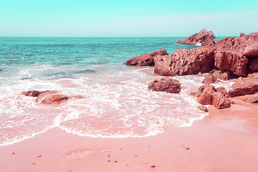 Transcending Reality - Beachscape Wave Swash in Coral Pink and Turquoise Photograph by Georgia Mizuleva