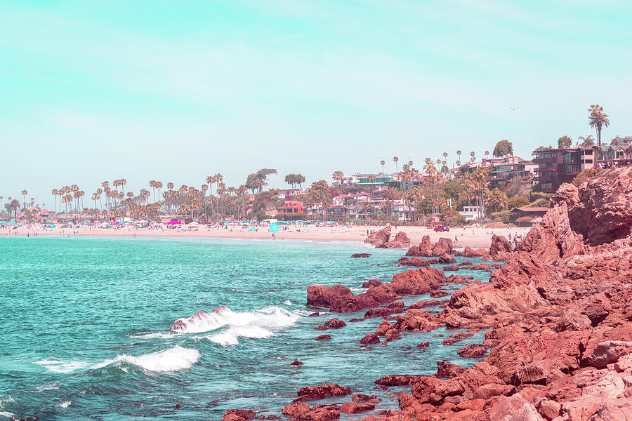 Transcending Reality - Corona Del Mar State Beach in Coral Pink and Turquoise Photograph by Georgia Mizuleva