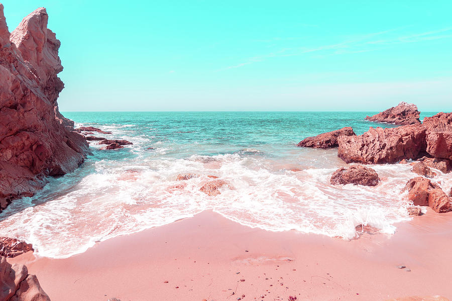 Transcending Reality - Rocky Beachscape In Coral Pink And Turquoise Photograph