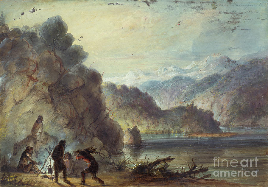 Trapper’s Encampment, Lake Scene, Wind River Mountains, C.1837 Painting by Alfred Jacob Miller