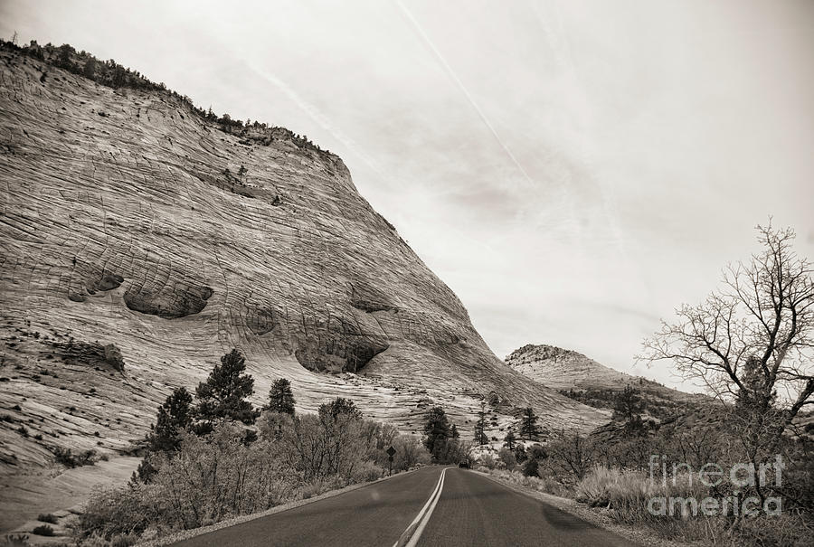 Travel Road Zion National Park Utah Sepia Tones  Photograph by Chuck Kuhn