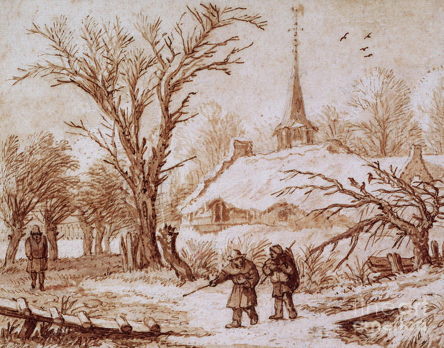 Travellers On A Road Near A Village In Winter Chalk, Pen, Ink And Wash Painting by Allart Van Everdingen