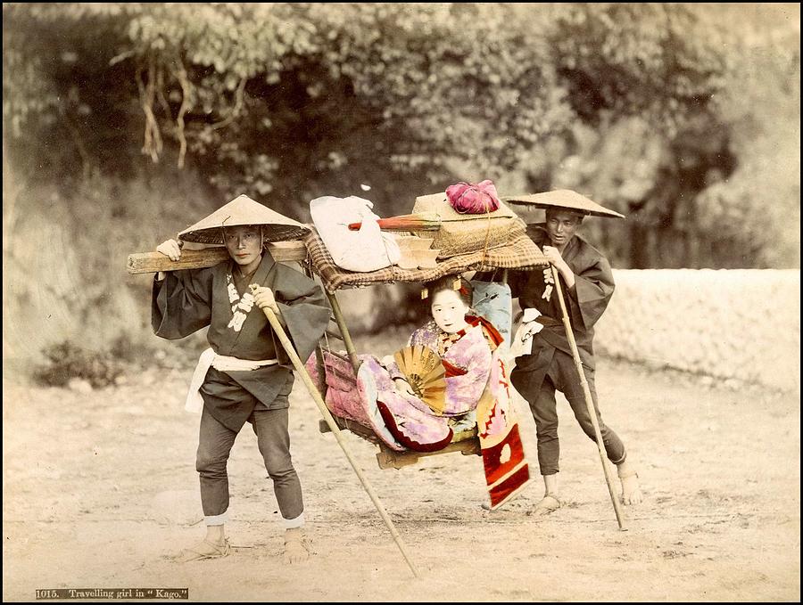 Travelling Girl in Kago Handcolored japanese albumen print from a tourists album of the early 20th c Painting by Celestial Images