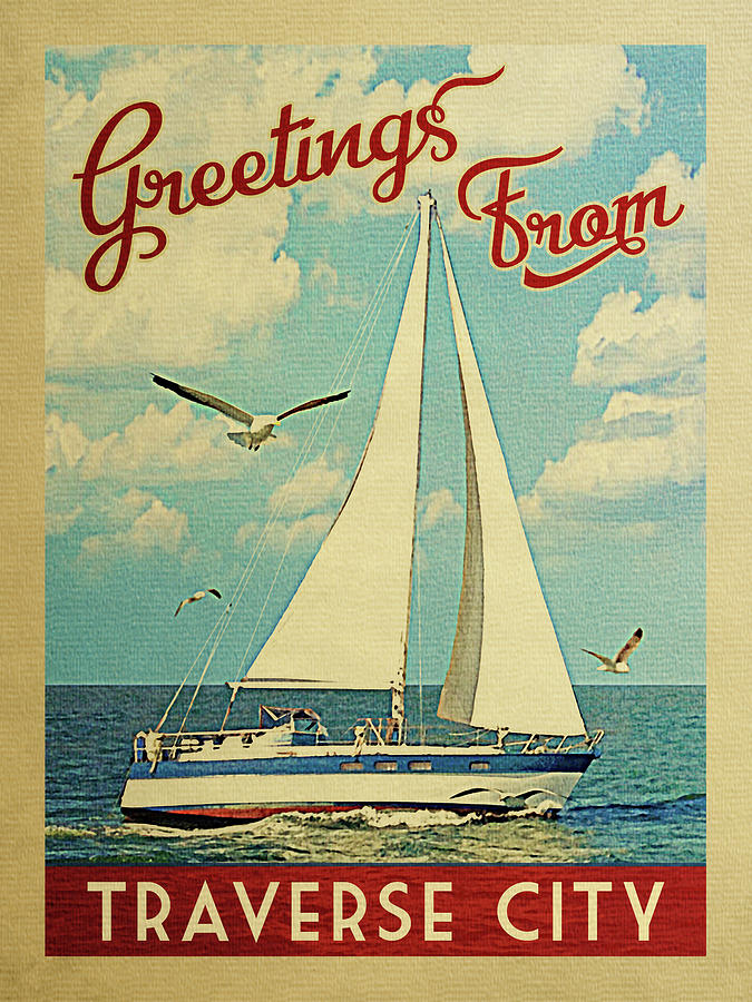 Traverse City Sailboat Vintage Travel Digital Art by Flo Karp