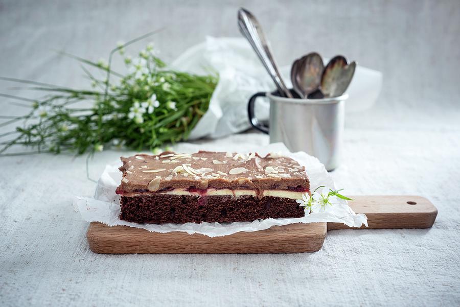 Tray-bake Chocolate Cake With Cherries And Vanilla And Chocolate Cream vegan Photograph by Kati Neudert