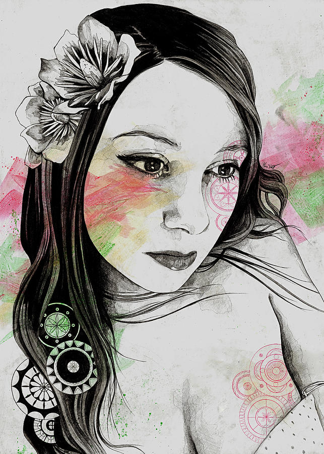 Magnolia Drawing - Treasure - Young Cute Girl, Magnolia And Mandalas by Marco Paludet Magnolia Drawing - Treasure - Young Cute Girl, Magnolia And Mandalas by Marco Paludet