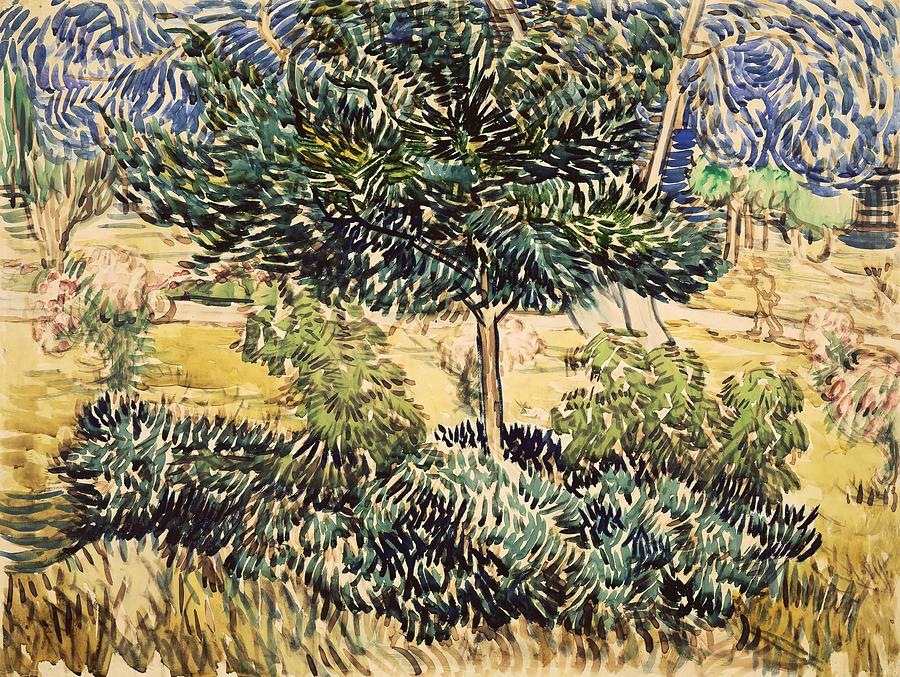Tree and Bushes in the Garden of the Asylum. Painting by Vincent van Gogh -1853-1890-