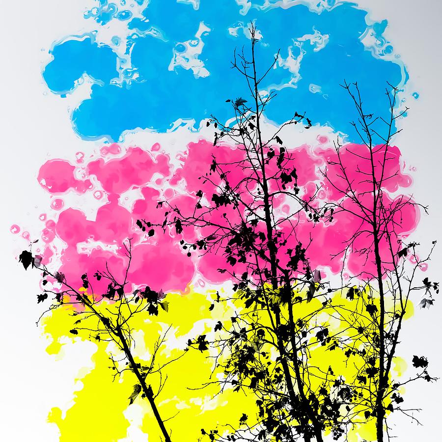 Tree Branch With Leaf And Painting Texture Abstract Background In Blue Pink Yellow Painting