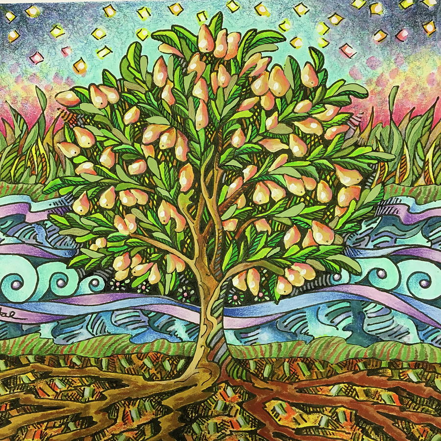 Tree By Streams Of Water Drawing by Janice A Larson