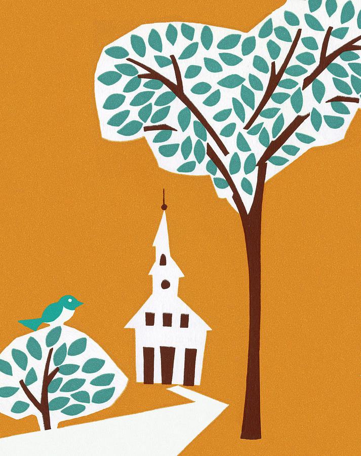 Vintage Drawing - Trees and Church by CSA Images