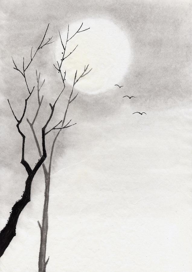 Trees And Moon, Ink Painting, Vignette Digital Art by Daj