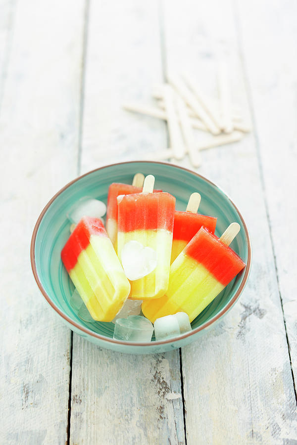 Tri-colored Melon Ice Creams On Sticks vegan Photograph by Jan Wischnewski