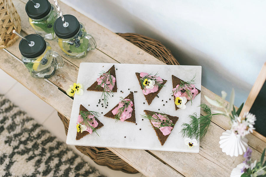 Triangular Open Faced Sandwiches With Pink Fish Spread Photograph by Katja Heil