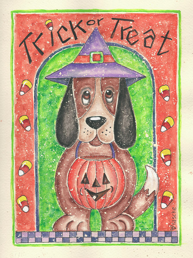 Animal Painting - Trick Or Treat Dog Holding Pumpkin by Shelly Rasche