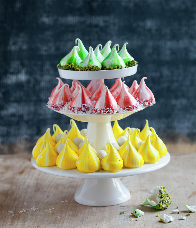 Tricolor Meringue Drops On A Cake Stand Photograph by Akiko Ida