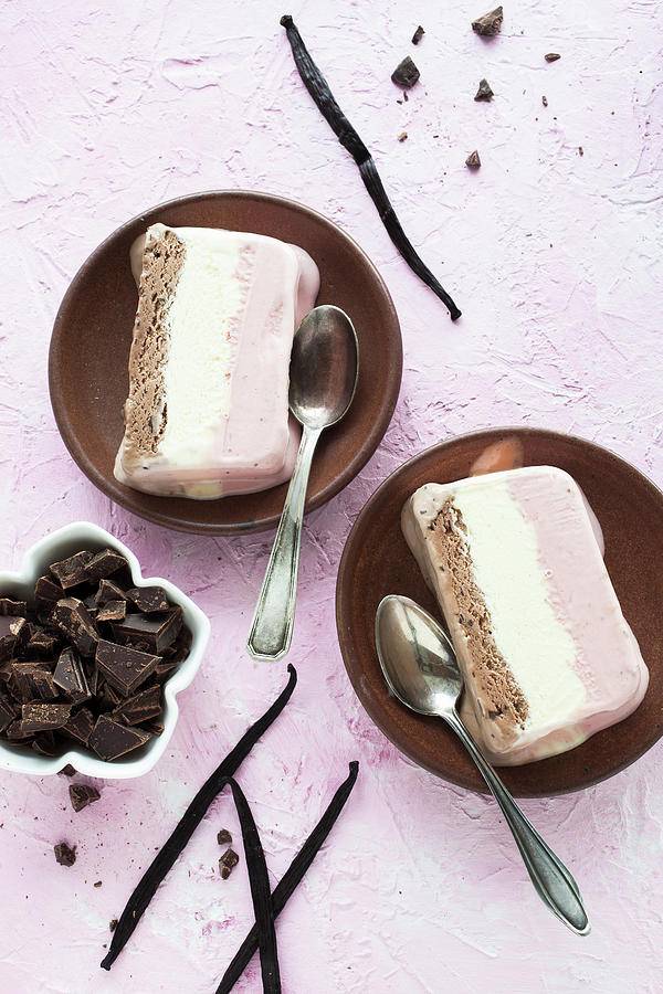 Trio Ice Cream With Strawberry, Vanilla And Chocolate Ice Cream Photograph by Kati Finell