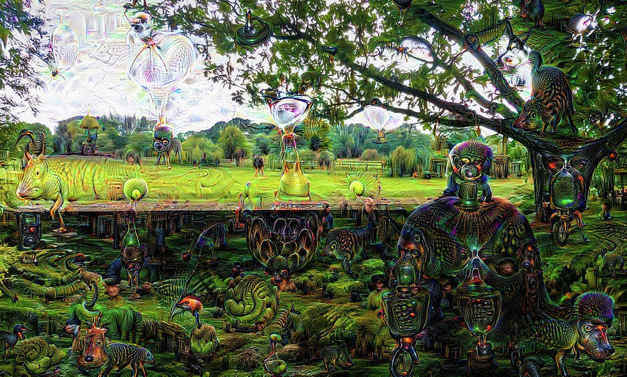 Trippy English Landscape with Deep Dream creatures Digital Art by Matthias Hauser