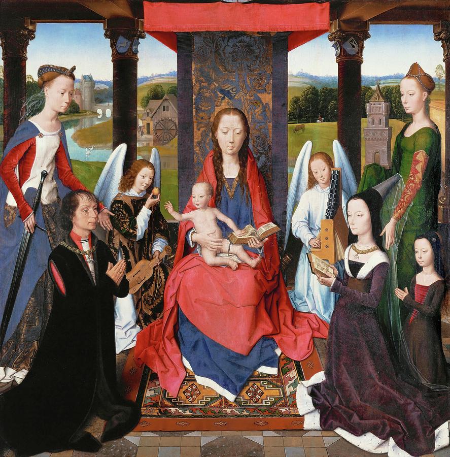 Triptych of John Donne Saint Mary and child,left Sir John Donne presented by Saint Catherine. Painting by Hans Memling -c 1433-1494-