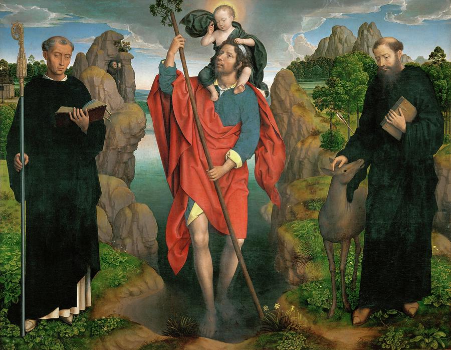 Triptych of Saint Christophe, 1484 Center Saint Christopher carrying the Christ Child. Painting by Hans Memling -c 1433-1494-