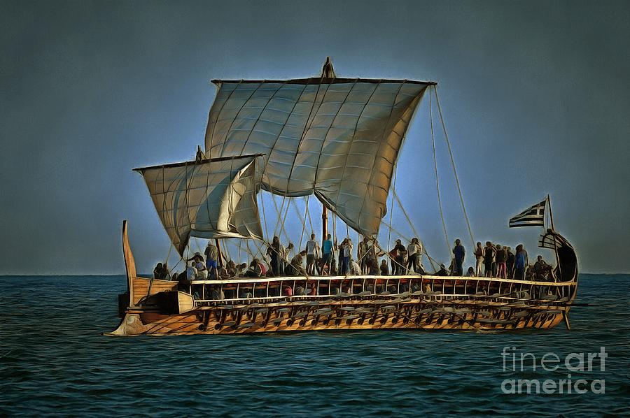 Trireme Olympias sailing with open sails Painting by George Atsametakis
