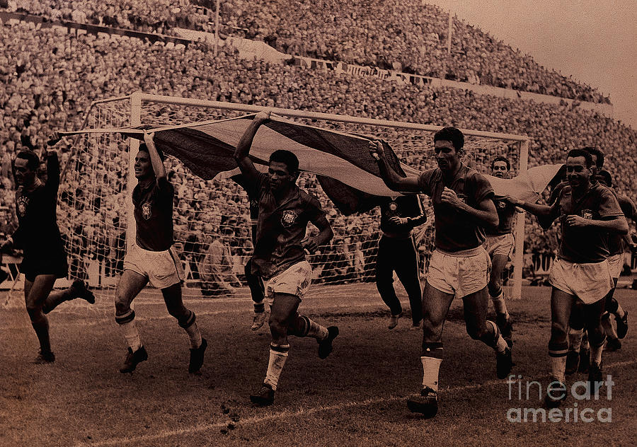 Soccer Photograph - Triumphant Brazilians Run With Flag by Bettmann