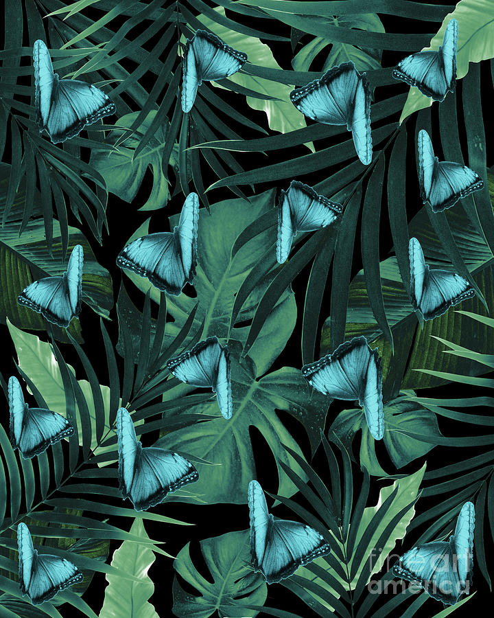Nature Mixed Media - Tropical Butterfly Jungle Night Leaves Pattern #5 #tropical #decor #art by Anita Bella Jantz