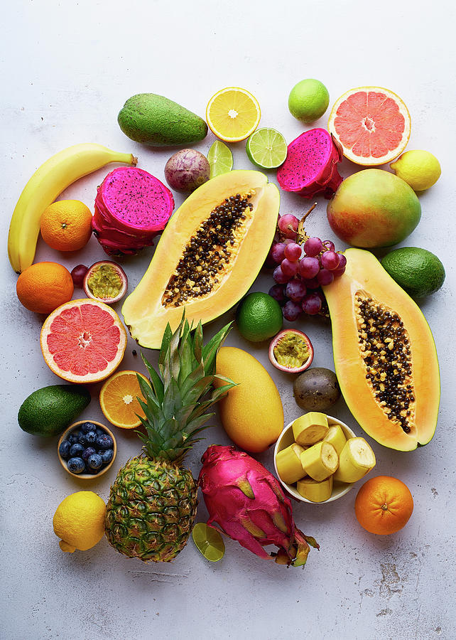 Tropical Fruits Pattern With Mango, Papaya, Pitahaya, Passion Fruit, Grapes, Limes And Pineapples Photograph by Asya Nurullina