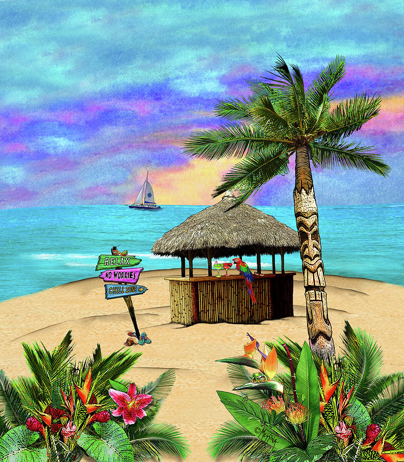 Beach Digital Art - Tropical Island Tiki Hut by Messina Graphix