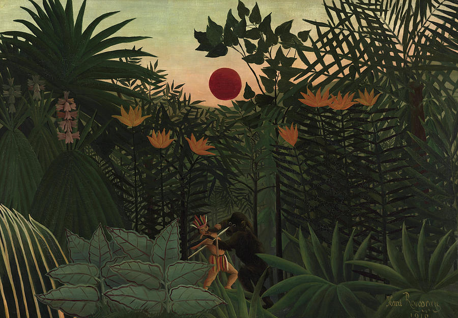 Tropical Landscape, American Indian Struggling with a Gorilla, 1910 ...