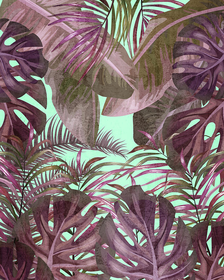 Tropical Leaf Pattern 03- Banana, Palm Leaf, Monstera Leaf - Purple, Freshness, Tropical, Botanical Mixed Media