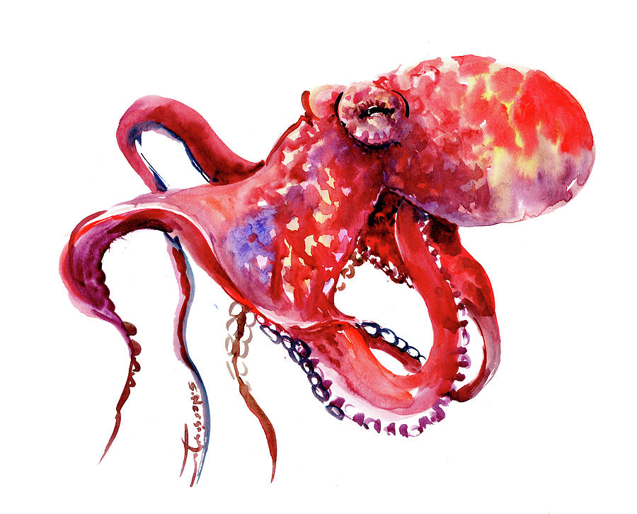 Tropical Red OCtopus Artwork Painting by Suren Nersisyan