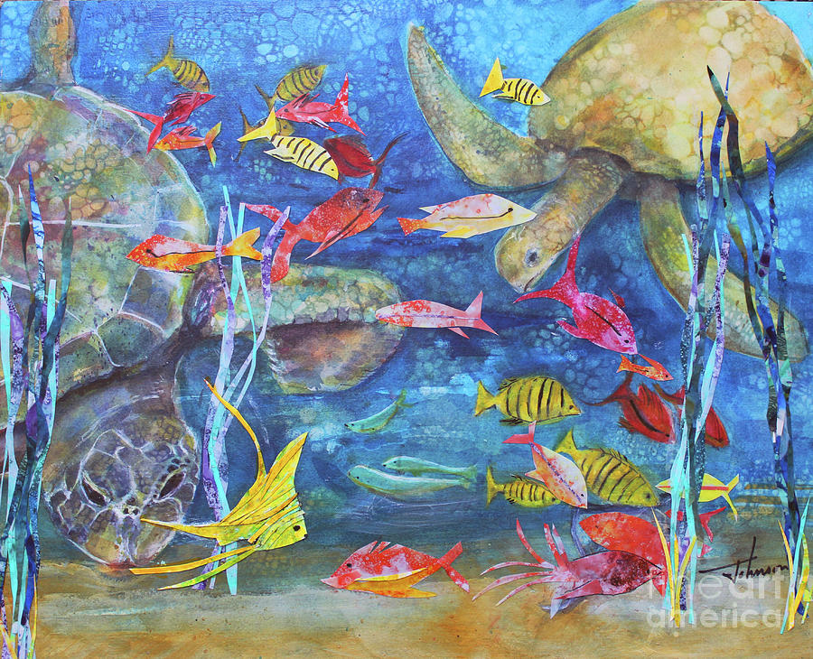 Tropical Swim with Turtles Painting by Susan Blackaller-Johnson