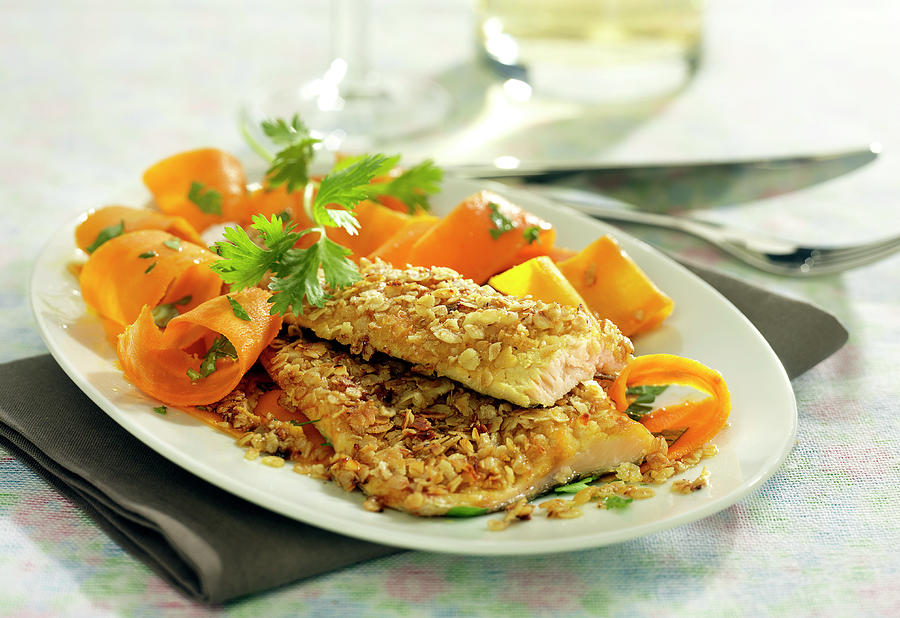Trout Fillet In Oat Flake Crust, Thinly Striped Carrots With Parsley Photograph by Bertram