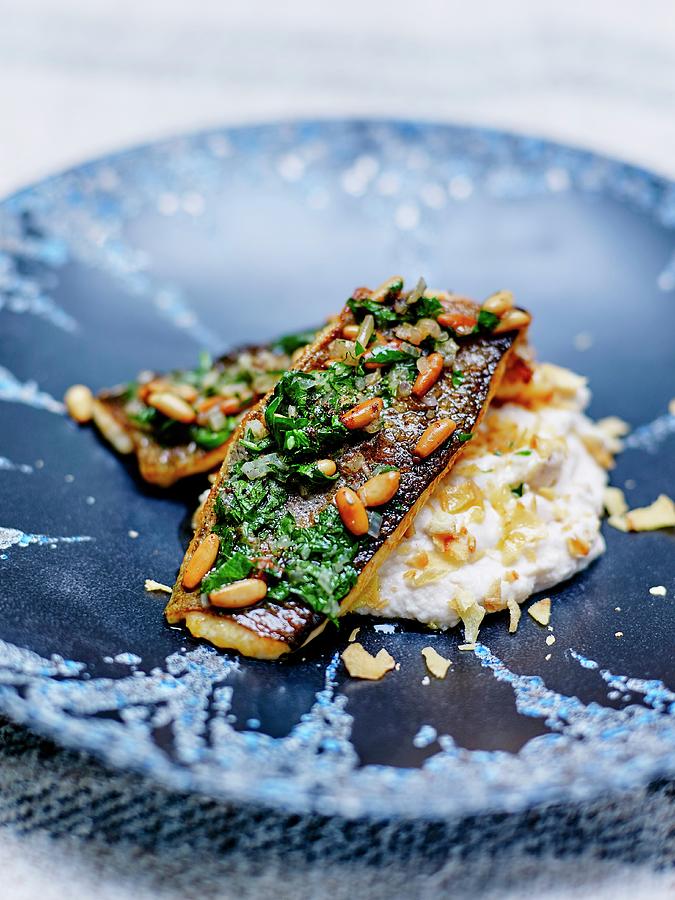 Trout Fillets Topped With Parsley, Pine Nuts And Four Spices, Parsnip Mousseline Photograph by Amiel