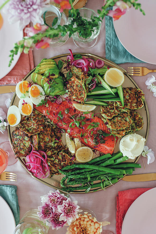 Trout With Herb Pancakes And Vegetables On A Mothers Day Platter Photograph by Great Stock!