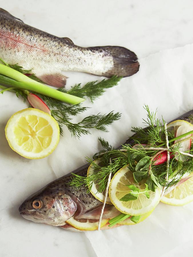 Trout Wrapped In String With Lemon And Herbs Photograph by Lukejalbert