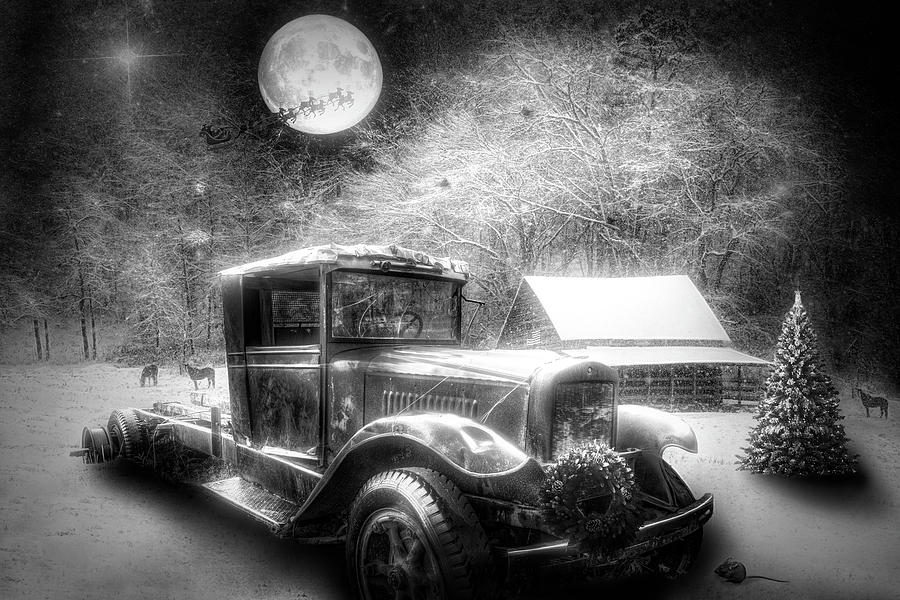 Truck on Christmas Eve Black and White Photograph by Debra and Dave Vanderlaan