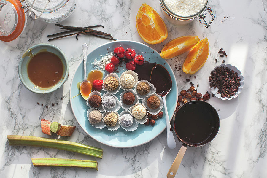 Truffle Variety With Chocolat, Coconut, Raspberries, Salted Caramel And Rhubarb Photograph by Lara Jane Thorpe
