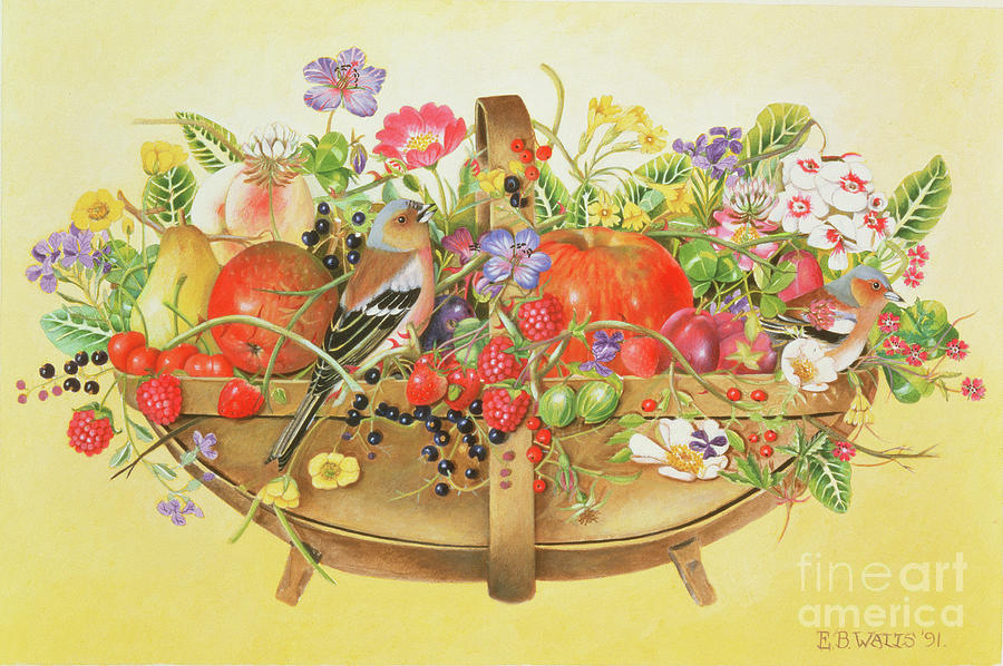 Trug With Fruit, Flowers And Chaffinches Painting by Eb Watts
