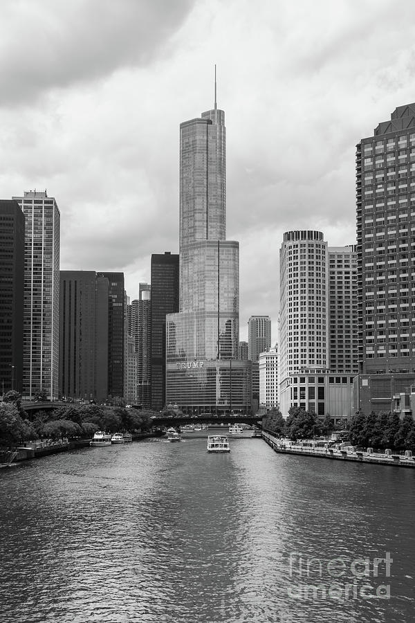 Trump Tower Chicago River Grayscale Photograph by Jennifer White