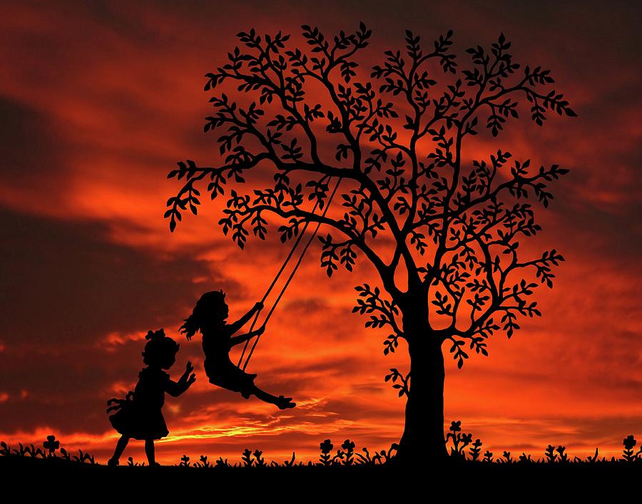 Try To Remember girls with swing Sunset Silhouette Series   Mixed Media by David Dehner