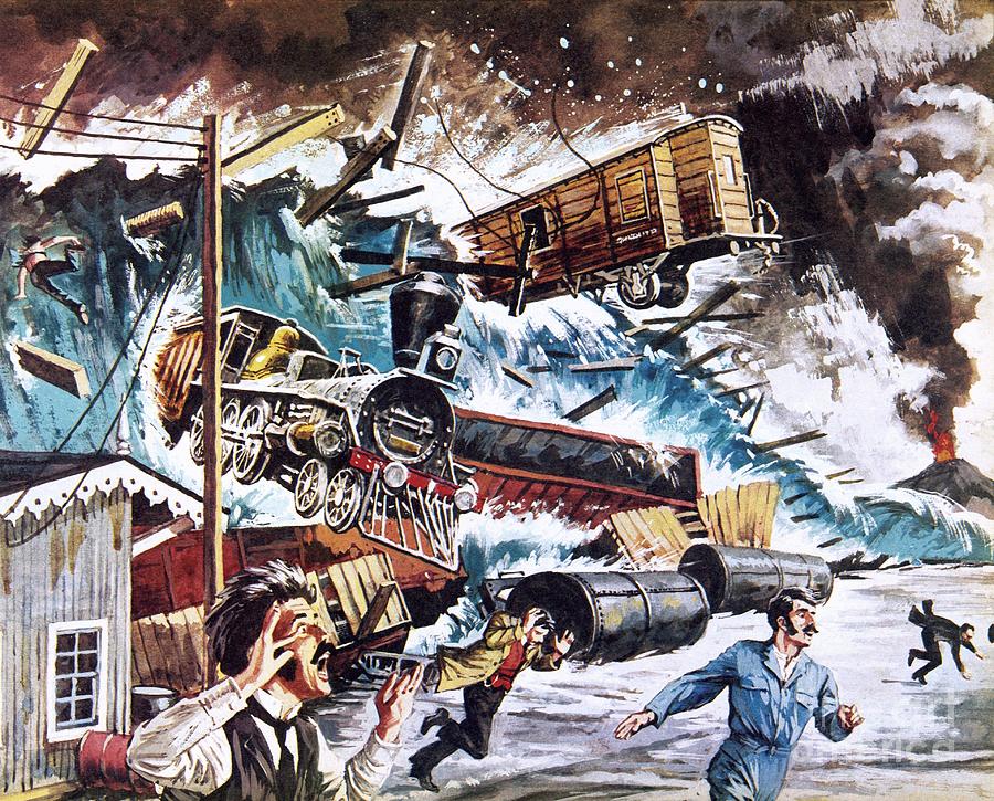 Tsunami Hitting Chile During The Eruptions Of 1896 Painting by Roger Payne
