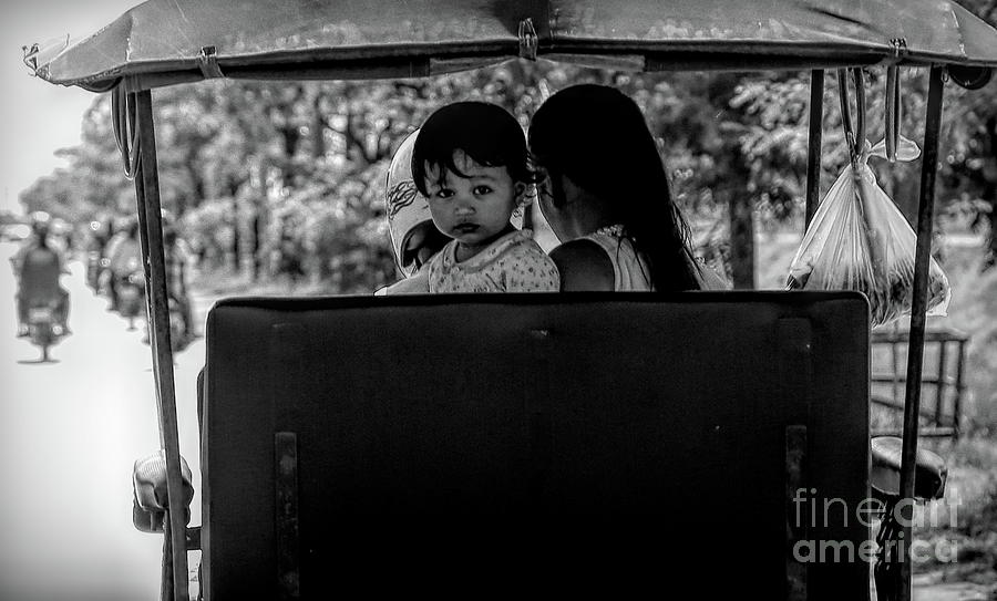 Buddha Photograph - Tuk Tuk BW Child Expression Cambodia  by Chuck Kuhn