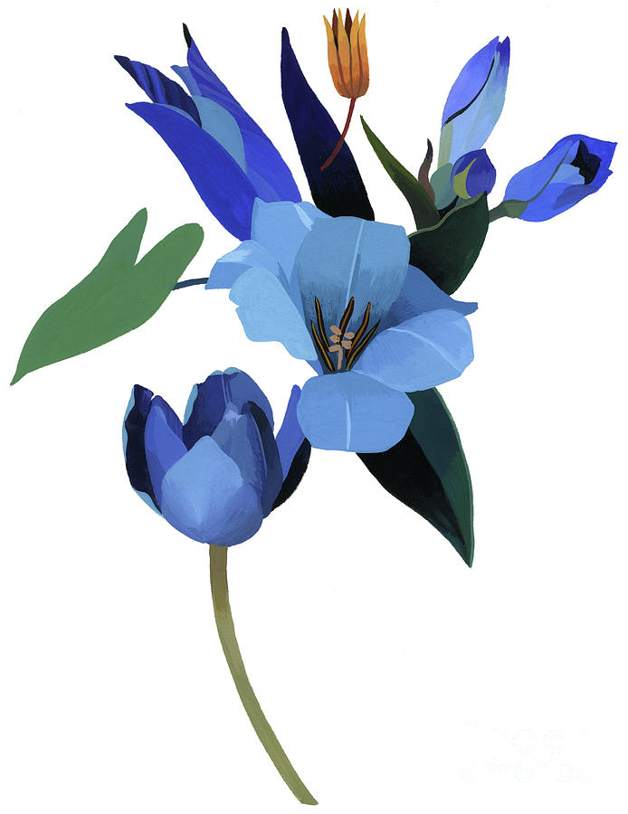Tulips And Blue Flowers Painting by Hiroyuki Izutsu
