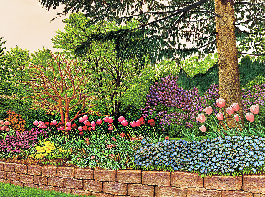 Garden Scene Painting - Tulips And Lilacs by Thelma Winter