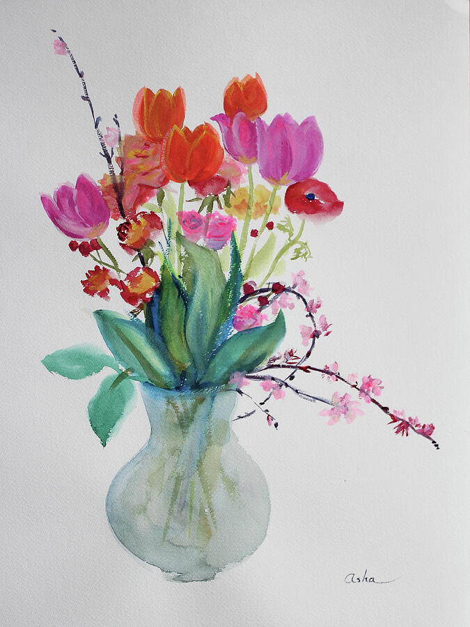 Still Life Painting - Tulips and Plum Blossoms by Asha Carolyn Young